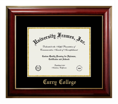 Curry College Diploma Frame in Classic Mahogany with Gold Trim with Black & Gold Mats for document: 8 1/2"h x 11"w  