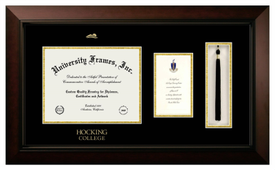 Hocking College Diploma with Announcement & Tassel Box Frame in Legacy Black Cherry with Black & Gold Mats for document: 8 1/2"h x 11"w  , diploma: 7"h x 4"w  