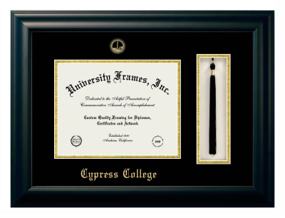 Cypress College Diploma with Tassel Box Frame in Satin Black with Black & Gold Mats for document: 8 1/2"h x 11"w  