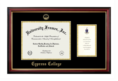 Cypress College Diploma with Announcement Frame in Petite Mahogany with Gold Trim with Black & Gold Mats for document: 8 1/2"h x 11"w  , diploma: 7"h x 4"w  