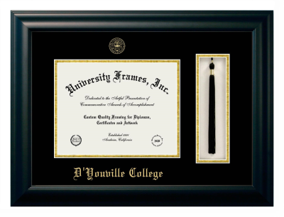 D'Youville College Diploma with Tassel Box Frame in Satin Black with Black & Gold Mats for document: 8 1/2"h x 11"w  