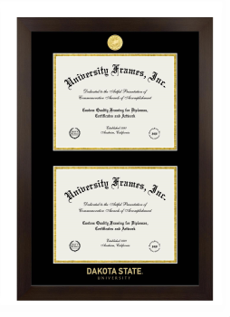 Dakota State University Double Diploma Frame in Manhattan Espresso with Black & Gold Mats for document: 8 1/2"h x 11"w  , document: 8 1/2"h x 11"w  