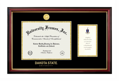 Dakota State University Diploma with Announcement Frame in Petite Mahogany with Gold Trim with Black & Gold Mats for document: 8 1/2"h x 11"w  , diploma: 7"h x 4"w  