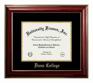 Dana College Diploma Frame in Classic Mahogany with Gold Trim with Black & Gold Mats for document: 8 1/2"h x 11"w  