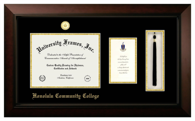 Honolulu Community College Diploma with Announcement & Tassel Box Frame in Legacy Black Cherry with Black & Gold Mats for document: 8 1/2"h x 11"w  , diploma: 7"h x 4"w  