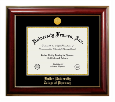 Butler University College of Pharmacy Diploma Frame in Classic Mahogany with Gold Trim with Black & Gold Mats for document: 8 1/2"h x 11"w  