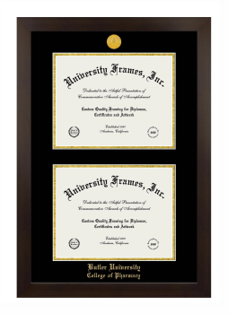 Butler University College of Pharmacy Double Diploma Frame in Manhattan Espresso with Black & Gold Mats for document: 8 1/2"h x 11"w  , document: 8 1/2"h x 11"w  
