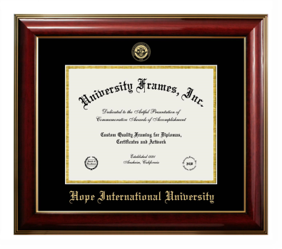 Hope International University Diploma Frame in Classic Mahogany with Gold Trim with Black & Gold Mats for document: 8 1/2"h x 11"w  