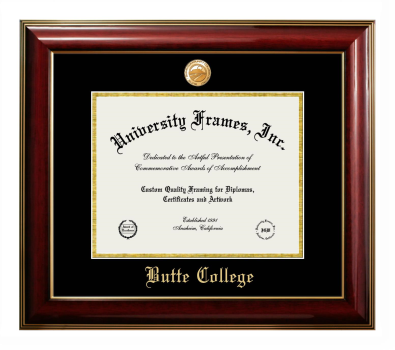 Butte College Diploma Frame in Classic Mahogany with Gold Trim with Black & Gold Mats for document: 8 1/2"h x 11"w  