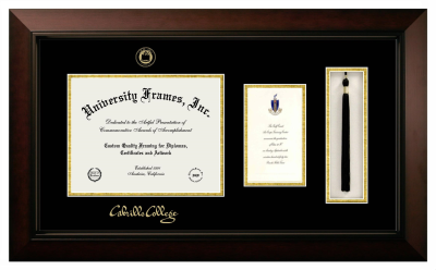 Cabrillo College Diploma with Announcement & Tassel Box Frame in Legacy Black Cherry with Black & Gold Mats for document: 8 1/2"h x 11"w  , diploma: 7"h x 4"w  