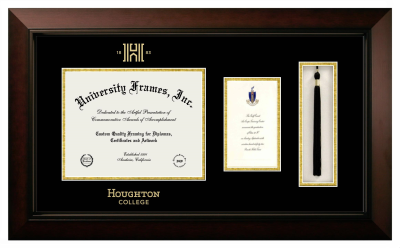 Houghton College Diploma with Announcement & Tassel Box Frame in Legacy Black Cherry with Black & Gold Mats for document: 8 1/2"h x 11"w  , diploma: 7"h x 4"w  