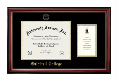 Caldwell College Diploma with Announcement Frame in Petite Mahogany with Gold Trim with Black & Gold Mats for document: 8 1/2"h x 11"w  , diploma: 7"h x 4"w  