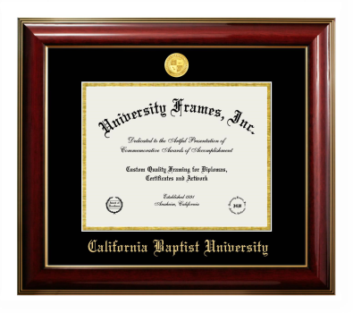 California Baptist University Diploma Frame in Classic Mahogany with Gold Trim with Black & Gold Mats for document: 8 1/2"h x 11"w  