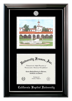 California Baptist University Double Opening with Campus Image (Stacked) Frame in Classic Ebony with Silver Trim with Black & Silver Mats for document: 8 1/2"h x 11"w  
