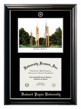 Howard Payne University Double Opening with Campus Image (Stacked) Frame in Classic Ebony with Silver Trim with Black & Silver Mats for document: 8 1/2"h x 11"w  