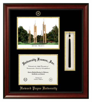 Howard Payne University Double Opening with Campus Image & Tassel Box (Stacked) Frame in Avalon Mahogany with Black & Gold Mats for document: 8 1/2"h x 11"w  