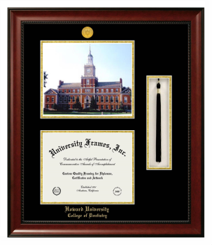 Howard University College of Dentistry Double Opening with Campus Image & Tassel Box (Stacked) Frame in Avalon Mahogany with Black & Gold Mats for document: 8 1/2"h x 11"w  