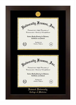 Howard University College of Medicine Double Diploma Frame in Manhattan Espresso with Black & Gold Mats for document: 8 1/2"h x 11"w  , document: 8 1/2"h x 11"w  
