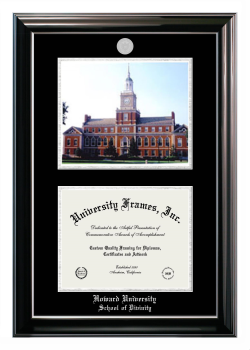 Howard University School of Divinity Double Opening with Campus Image (Stacked) Frame in Classic Ebony with Silver Trim with Black & Silver Mats for document: 8 1/2"h x 11"w  