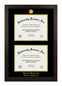 Howard University School of Pharmacy Double Diploma Frame in Manhattan Espresso with Black & Gold Mats for document: 8 1/2"h x 11"w  , document: 8 1/2"h x 11"w  
