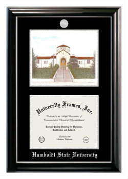 Humboldt State University Double Opening with Campus Image (Stacked) Frame in Classic Ebony with Silver Trim with Black & Silver Mats for document: 8 1/2"h x 11"w  