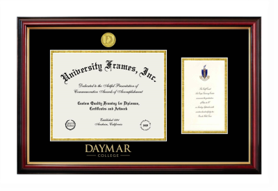 Daymar College Diploma with Announcement Frame in Petite Mahogany with Gold Trim with Black & Gold Mats for document: 8 1/2"h x 11"w  , diploma: 7"h x 4"w  