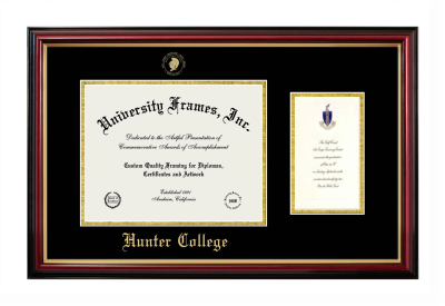 Hunter College (CUNY) Diploma with Announcement Frame in Petite Mahogany with Gold Trim with Black & Gold Mats for document: 8 1/2"h x 11"w  , diploma: 7"h x 4"w  