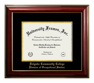 Delgado Community College Division of Occupational Studies Diploma Frame in Classic Mahogany with Gold Trim with Black & Gold Mats for document: 8 1/2"h x 11"w  