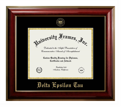 Delta Epsilon Tau Diploma Frame in Classic Mahogany with Gold Trim with Black & Gold Mats for document: 8 1/2"h x 11"w  