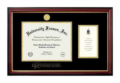 California State University, Channel Islands Diploma with Announcement Frame in Petite Mahogany with Gold Trim with Black & Gold Mats for document: 8 1/2"h x 11"w  , diploma: 7"h x 4"w  