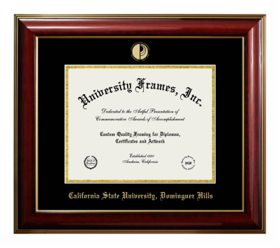 California State University, Dominguez Hills Diploma Frame in Classic Mahogany with Gold Trim with Black & Gold Mats for document: 8 1/2"h x 11"w  