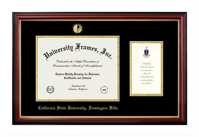 California State University, Dominguez Hills Diploma with Announcement Frame in Petite Mahogany with Gold Trim with Black & Gold Mats for document: 8 1/2"h x 11"w  , diploma: 7"h x 4"w  