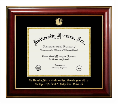 California State University, Dominguez Hills College of Natural & Behavioral Sciences Diploma Frame in Classic Mahogany with Gold Trim with Black & Gold Mats for document: 8 1/2"h x 11"w  