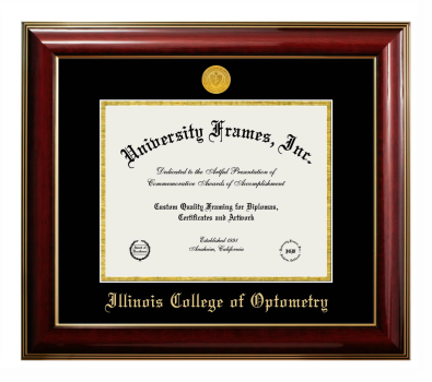 Illinois College of Optometry Diploma Frame in Classic Mahogany with Gold Trim with Black & Gold Mats for document: 8 1/2"h x 11"w  