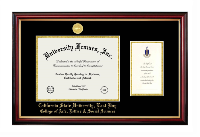 California State University, East Bay College of Arts, Letters & Social Sciences Diploma with Announcement Frame in Petite Mahogany with Gold Trim with Black & Gold Mats for document: 8 1/2"h x 11"w  , diploma: 7"h x 4"w  