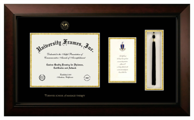 Denver School of Massage Therapy Diploma with Announcement & Tassel Box Frame in Legacy Black Cherry with Black & Gold Mats for document: 8 1/2"h x 11"w  , diploma: 7"h x 4"w  