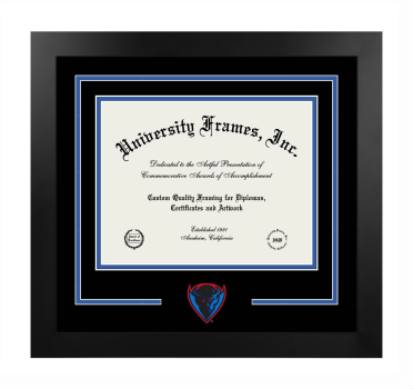 DePaul University Logo Mat Frame in Manhattan Black with Black & Royal Blue Mats for document: 8 1/2"h x 11"w  