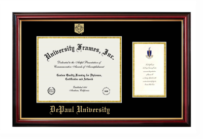 DePaul University Diploma with Announcement Frame in Petite Mahogany with Gold Trim with Black & Gold Mats for document: 8 1/2"h x 11"w  , diploma: 7"h x 4"w  