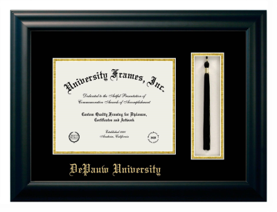 DePauw University Diploma with Tassel Box Frame in Satin Black with Black & Gold Mats for document: 8 1/2"h x 11"w  