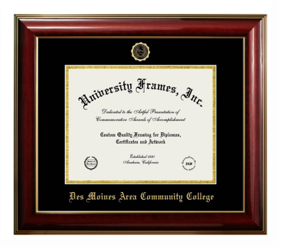 Des Moines Area Community College Diploma Frame in Classic Mahogany with Gold Trim with Black & Gold Mats for document: 8 1/2"h x 11"w  