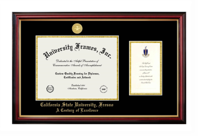 California State University, Fresno A Century of Excellence Diploma with Announcement Frame in Petite Mahogany with Gold Trim with Black & Gold Mats for document: 8 1/2"h x 11"w  , diploma: 7"h x 4"w  