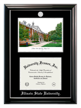 Illinois State University Double Opening with Campus Image (Stacked) Frame in Classic Ebony with Silver Trim with Black & Silver Mats for document: 8 1/2"h x 11"w  