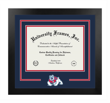 California State University, Fresno College of Agricultural Sciences and Technology Logo Mat Frame in Manhattan Black with Navy Blue & Red Mats for document: 8 1/2"h x 11"w  