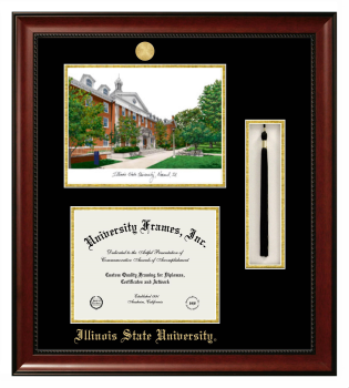 Illinois State University Double Opening with Campus Image & Tassel Box (Stacked) Frame in Avalon Mahogany with Black & Gold Mats for document: 8 1/2"h x 11"w  