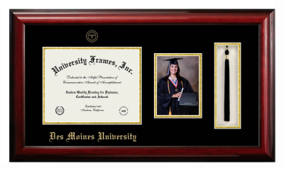 Des Moines University Diploma with 5 x 7 Portrait & Tassel Box Frame in Classic Mahogany with Black & Gold Mats for document: 8 1/2"h x 11"w  