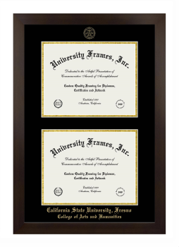 California State University, Fresno College of Arts and Humanities Double Diploma Frame in Manhattan Espresso with Black & Gold Mats for document: 8 1/2"h x 11"w  , document: 8 1/2"h x 11"w  