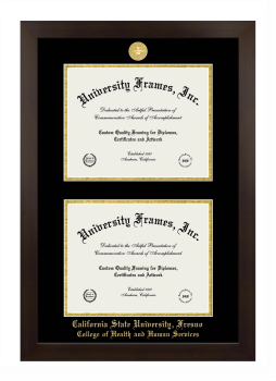California State University, Fresno College of Health and Human Services Double Diploma Frame in Manhattan Espresso with Black & Gold Mats for document: 8 1/2"h x 11"w  , document: 8 1/2"h x 11"w  