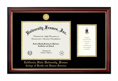 California State University, Fresno College of Health and Human Services Diploma with Announcement Frame in Petite Mahogany with Gold Trim with Black & Gold Mats for document: 8 1/2"h x 11"w  , diploma: 7"h x 4"w  