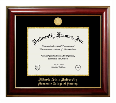 Illinois State University Mennonite College of Nursing Diploma Frame in Classic Mahogany with Gold Trim with Black & Gold Mats for document: 8 1/2"h x 11"w  