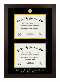California State University, Fresno College of Social Sciences Double Diploma Frame in Manhattan Espresso with Black & Gold Mats for document: 8 1/2"h x 11"w  , document: 8 1/2"h x 11"w  